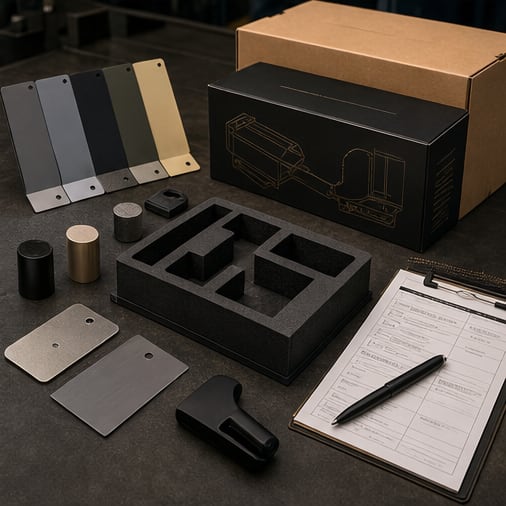 Surface-finish samples, protective packaging, foam inserts and export documents under final pre-shipment review