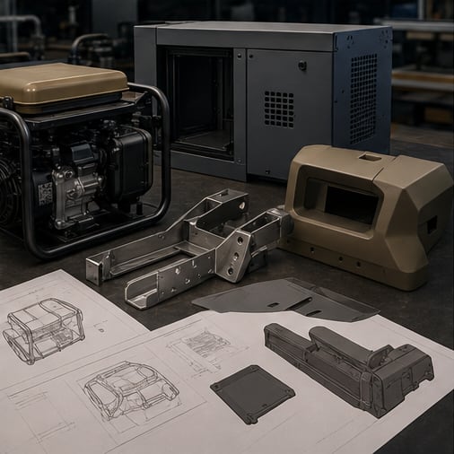 Industrial and power-equipment enclosure parts, molded shrouds and frame components arranged for supplier-route evaluation