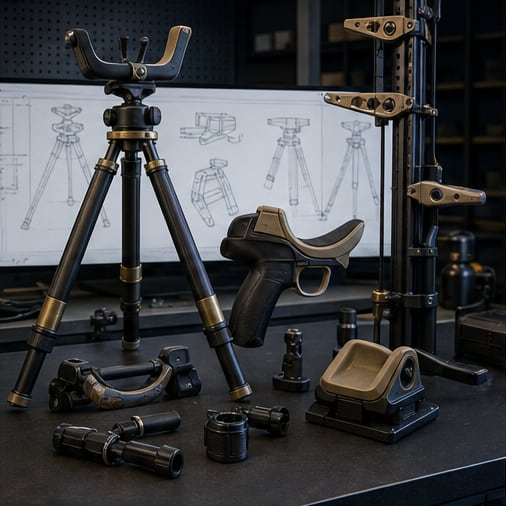 Outdoor and hunting equipment prototypes, including a shooting support, grip mechanism and climbing hardware, under engineering review
