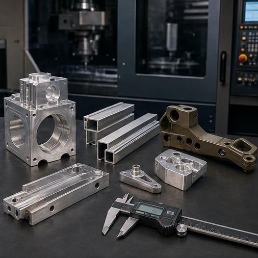 Precision-machined aluminum components, extrusion profiles and brackets arranged for dimensional inspection