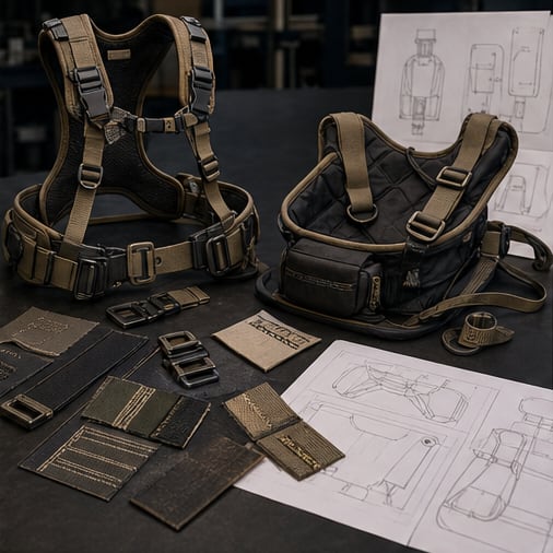 Technical outdoor soft goods, safety webbing, buckles and sewn prototypes being inspected against pattern specifications