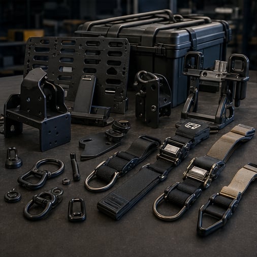 Vehicle and work-use mounting brackets, cam-buckle straps and protective hardware arranged for fit and assembly review