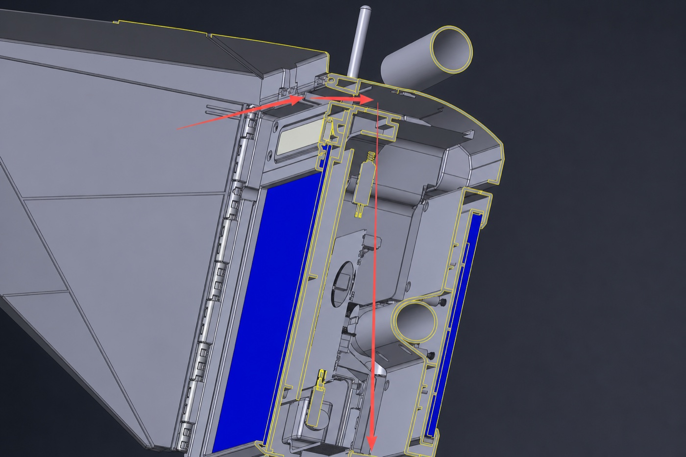 Anonymized CAD cutaway used to review product interfaces, assembly access and design for manufacturing